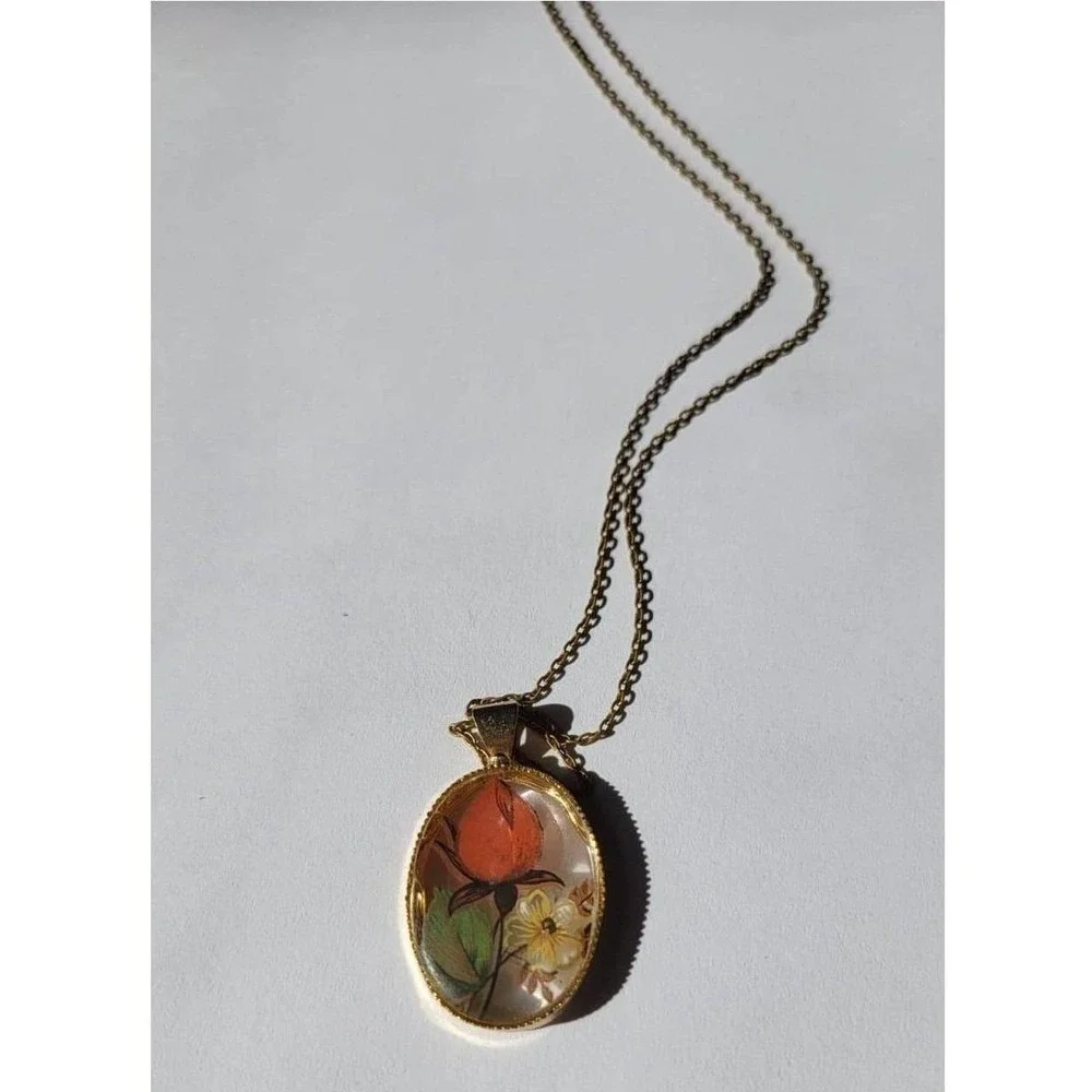 Oval Pendant Necklace with Orange Rose and Butterflies Vintage Brass Chain